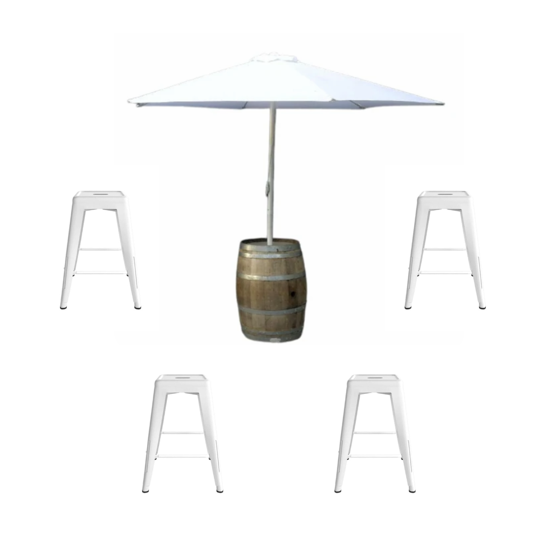 Umbrella Wine Barrel & White Tolix Stools Package Adelaide Party Hire