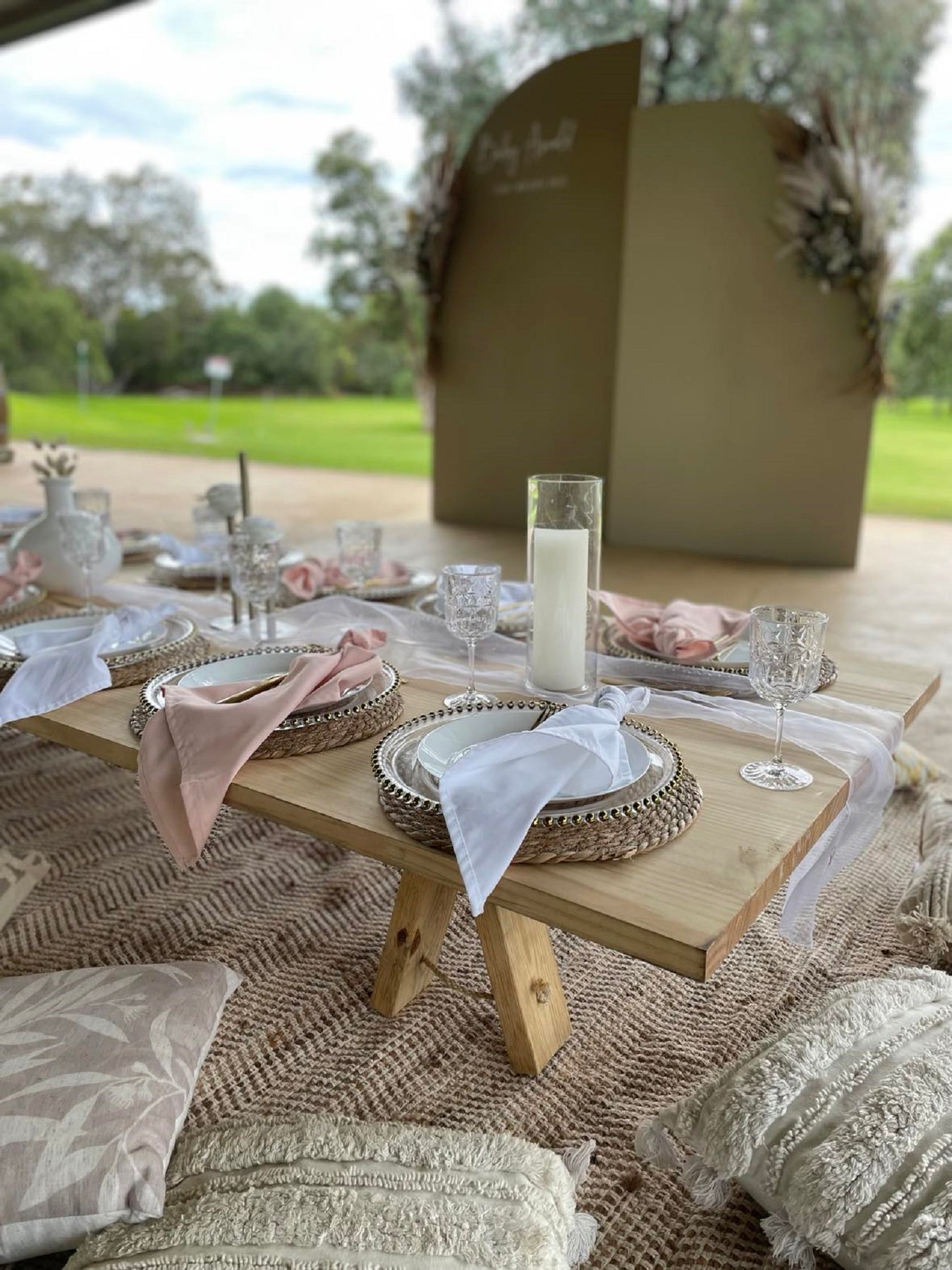 Low Table Setting Picnic Low Table Wooden 2.1m β Adelaide Party Hire