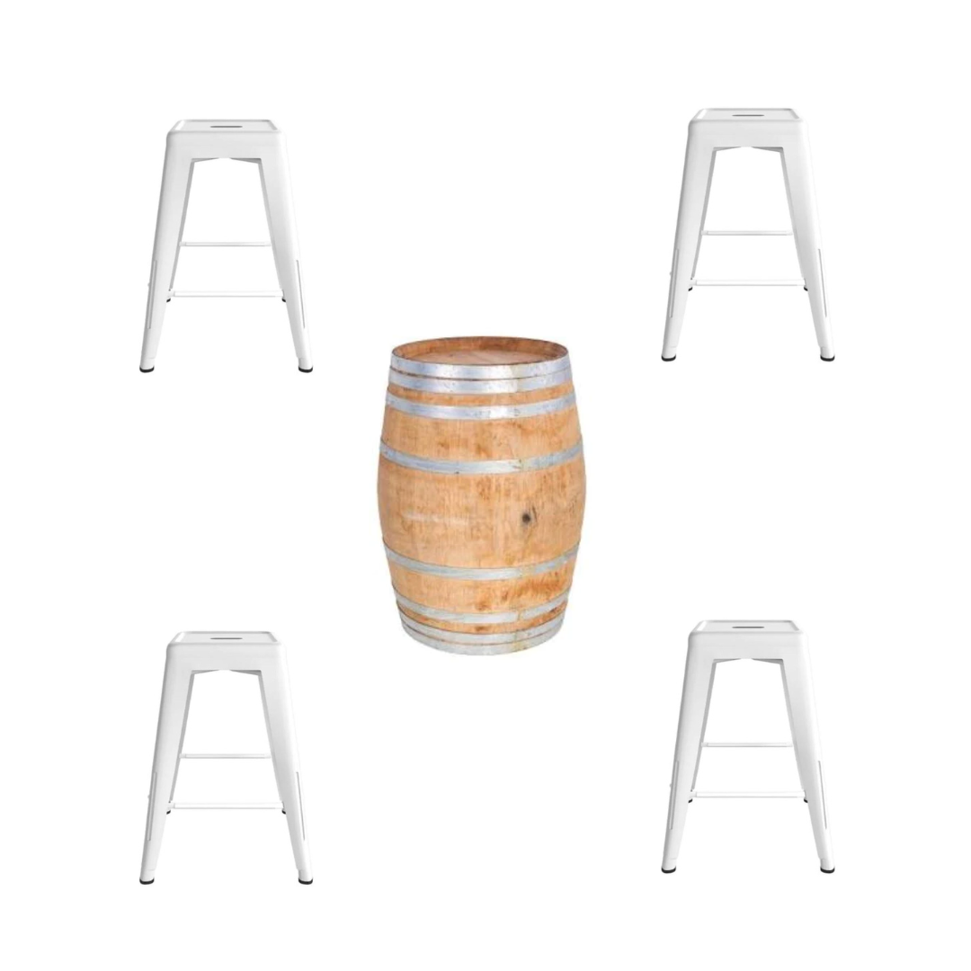 Wine Barrel & White Tolix Stools Package Adelaide Party Hire